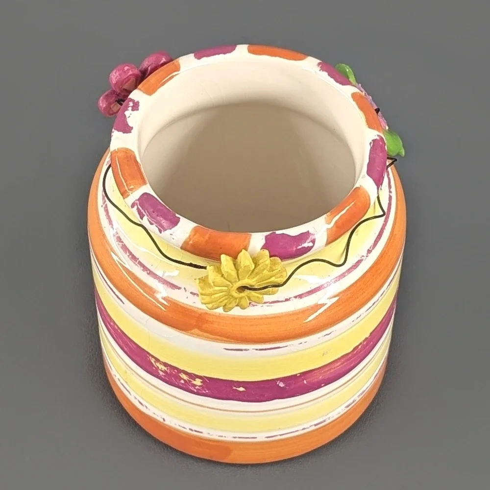 Hand Painted Ceramic Striped Flower Snail Jar Whimsical Boho Decor 4 Inch